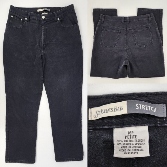 St Johns Bay Womens 16 Petite 16P 33x28" Black Stretch Denim Straight Leg Jeans - Picture 1 of 7